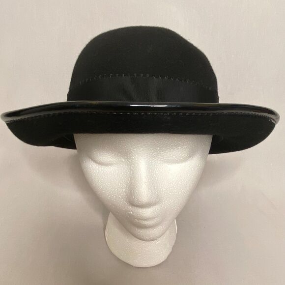 Bollman Hat Black Wool Round Top Fedora Made In USA Patent Leather Trim - Picture 1 of 9